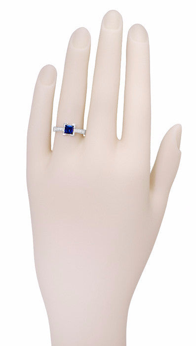 Art Deco Square Castle 1 Carat Princess Cut Blue Sapphire Engagement Ring in 18 Karat White Gold with Diamonds - Item: R496S - Image: 3