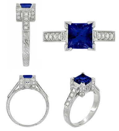 Art Deco Square Castle 1 Carat Princess Cut Blue Sapphire Engagement Ring in 18 Karat White Gold with Diamonds - alternate view