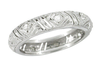 Art Deco Rose Cut Diamond Aspetuck Antique Wedding Band in Platinum - Size 4 1/2
