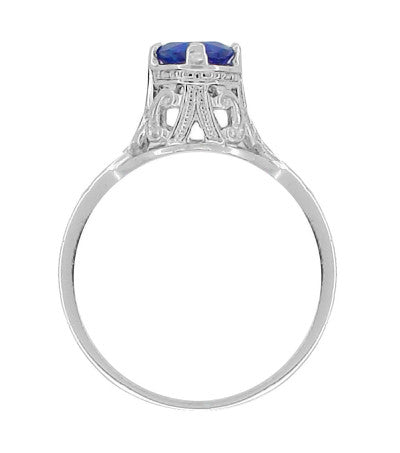 Filigree Regal Scrolls "High-Set" Art Deco Blue Sapphire Engagement Ring in Platinum - Item: R586P - Image: 3