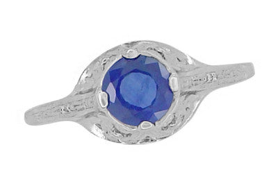 Filigree Regal Scrolls "High-Set" Art Deco Blue Sapphire Engagement Ring in Platinum - Item: R586P - Image: 5