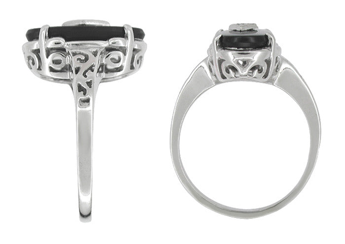 Art Deco Filigree Onyx and Diamond Antique Statement Ring in 14 Karat White Gold - Item: R601 - Image: 2