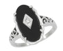 Art Deco Filigree Onyx and Diamond Antique Statement Ring in 14 Karat White Gold