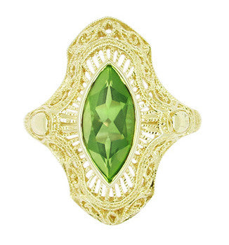 Art Deco Peridot Filigree Cocktail Ring in 14 Karat Yellow Gold - Item: R611Y - Image: 2