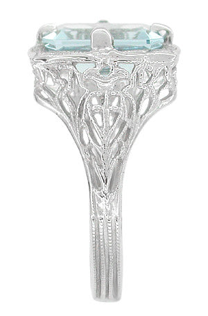 Art Nouveau Filigree Emerald Cut Aquamarine Ring in 14 Karat White Gold - Item: R612 - Image: 3
