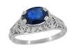 Edwardian Lilies East to West Oval Blue Sapphire Filigree Ring in 14 Karat White Gold