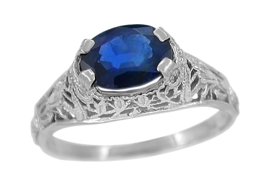 Edwardian Lilies East to West Oval Blue Sapphire Filigree Ring in 14 Karat White Gold - Item: R614 - Image: 2
