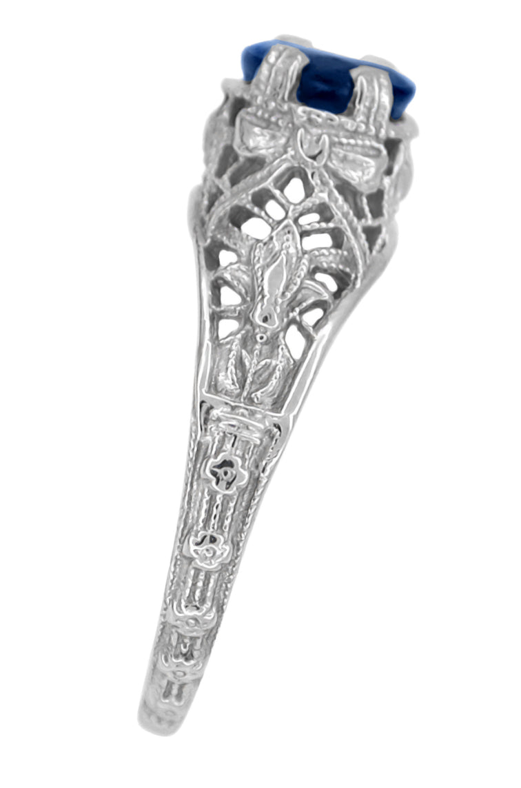 Edwardian Lilies East to West Oval Blue Sapphire Filigree Ring in 14 Karat White Gold - Item: R614 - Image: 4