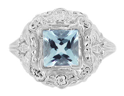Princess Cut Aquamarine Art Nouveau Ring in 14 Karat White Gold - Item: R615 - Image: 5