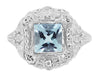 Princess Cut Aquamarine Art Nouveau Ring in 14 Karat White Gold