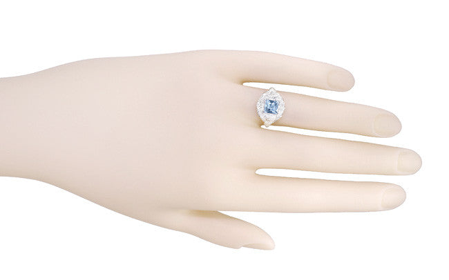 Princess Cut Aquamarine Art Nouveau Ring in 14 Karat White Gold - Item: R615 - Image: 6