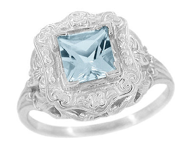 Princess Cut Aquamarine Art Nouveau Ring in 14 Karat White Gold - alternate view