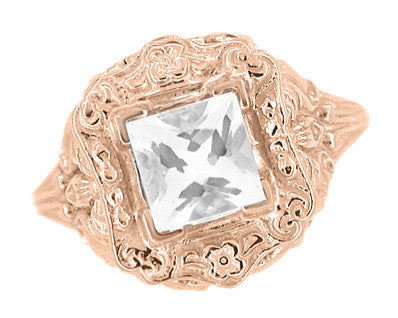 Princess Cut White Topaz Art Nouveau Ring in 14 Karat Rose Gold - Item: R615RWT - Image: 4