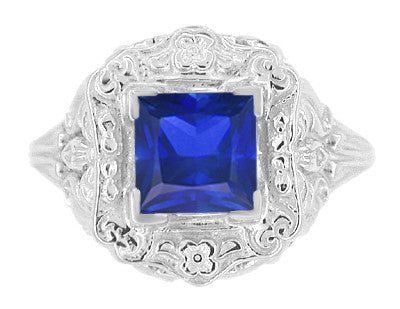Art Nouveau 1.25 Carat Princess Cut Square Sapphire Ring in 14K White Gold | 6mm - Item: R615WS - Image: 2
