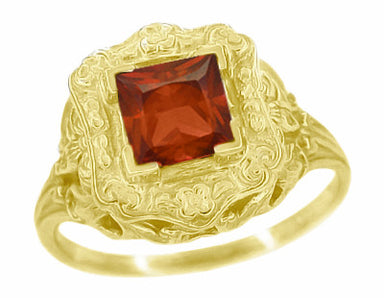 Princess Cut Garnet Art Nouveau Ring in 14 Karat Yellow Gold - alternate view