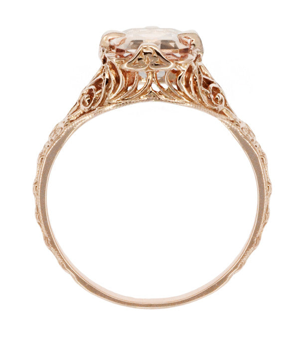 Edwardian Emerald Cut Morganite Engagement Ring in 14K Rose Gold Filigree - Item: R617RM - Image: 4