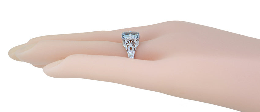 Art Deco Emerald Cut Aquamarine Filigree Engagement Ring in 18 Karat White Gold - Item: R617W - Image: 2