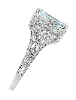 Emerald Cut Aquamarine Filigree Edwardian Engagement Ring in 14 Karat White Gold - Item: R618 - Image: 3