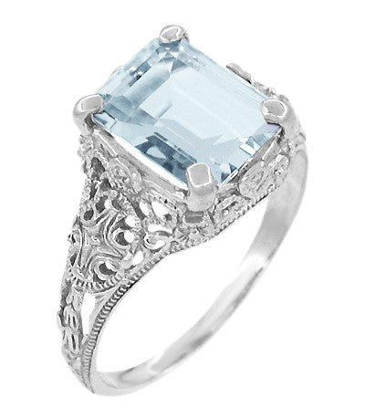 Emerald Cut Aquamarine Filigree Edwardian Engagement Ring in 14 Karat White Gold - Item: R618 - Image: 2