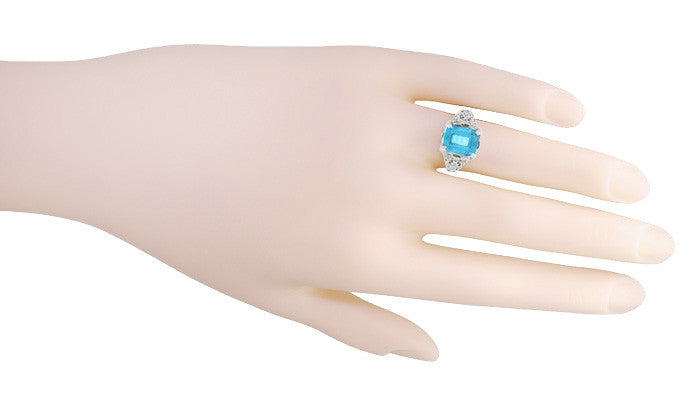 Edwardian Filigree Emerald Cut Swiss Blue Topaz Ring in 14 Karat White Gold - Item: R618BT - Image: 3