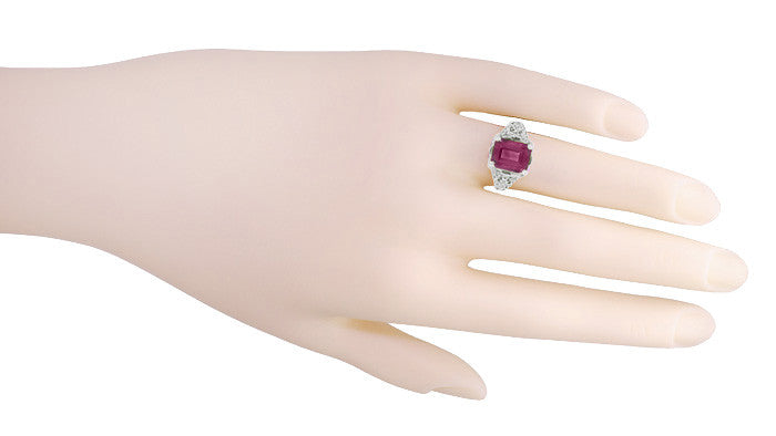 Filigree Emerald Cut Rhodolite Garnet Edwardian Engagement Ring in 14 Karat White Gold - Item: R618G - Image: 5