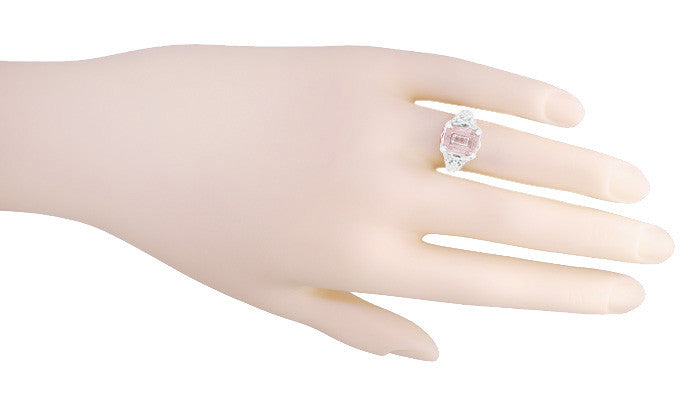 Edwardian Filigree Emerald Cut Morganite Engagement Ring in 14 Karat White Gold - Item: R618M - Image: 5