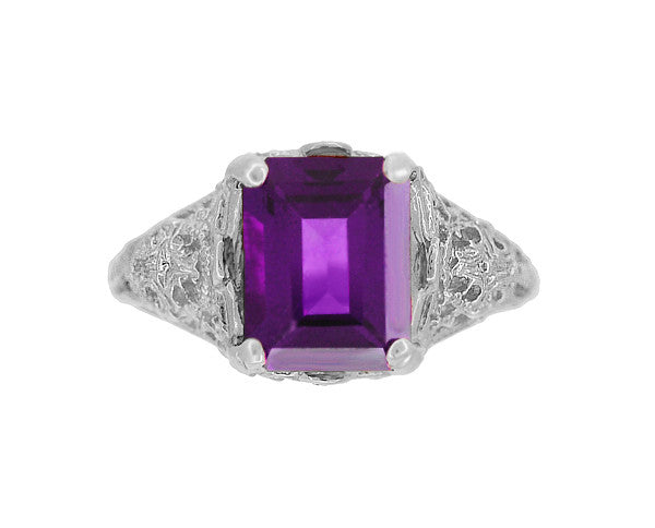Edwardian Filigree Emerald Cut Amethyst Engagement Ring in Platinum - Item: R618PAM - Image: 4