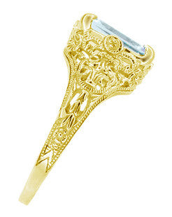 Emerald Cut Aquamarine Edwardian Filigree Engagement Ring in 14 Karat Yellow Gold - Item: R618Y - Image: 3