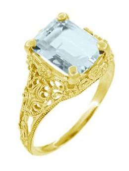 Emerald Cut Aquamarine Edwardian Filigree Engagement Ring in 14 Karat Yellow Gold - Item: R618Y - Image: 2