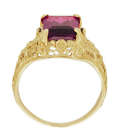 Edwardian Filigree Emerald Cut Rhodolite Garnet Engagement Ring in 14 Karat Yellow Gold - Item: R618YG - Image: 3