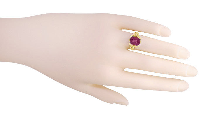 Edwardian Filigree Emerald Cut Rhodolite Garnet Engagement Ring in 14 Karat Yellow Gold - Item: R618YG - Image: 5