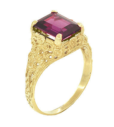 Edwardian Filigree Emerald Cut Rhodolite Garnet Engagement Ring in 14 Karat Yellow Gold - Item: R618YG - Image: 2