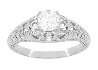 Art Deco Hearts and Diamonds Filigree Engagement Ring in 14 Karat White Gold - Item: R627WD-LC - Image: 2