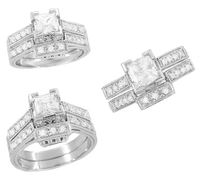 Art Deco 1/2 Carat Princess Cut Diamond Castle Engagement Ring in 18 Karat White Gold - Item: R630W - Image: 5
