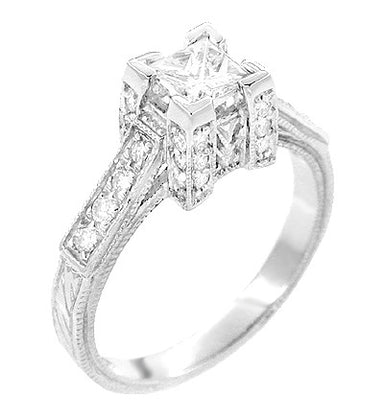 Art Deco 1/2 Carat Princess Cut Diamond Castle Engagement Ring in 18 Karat White Gold - alternate view