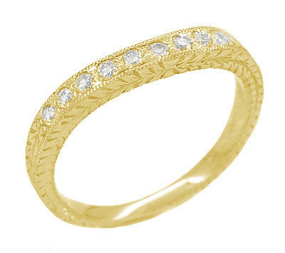 Art Deco Curved Engraved Wheat Diamond Wedding Band in 14 Karat Yellow Gold - Item: R635Y14D-LC - Image: 2
