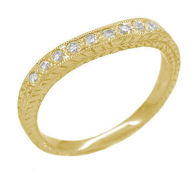 Art Deco Wheat White Sapphire Curved Wedding Band in 18 Karat Yellow Gold - Item: R635YWS - Image: 2