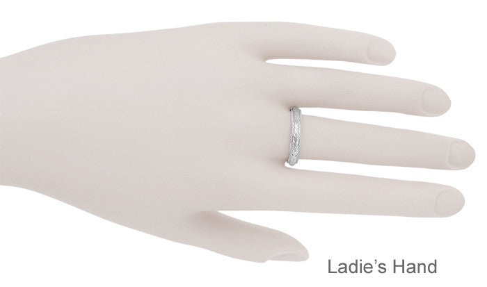 Art Deco Millgrain Edged Hand Engraved Wheat Wedding Ring in White Gold | 4mm Wide - Item: R636 - Image: 4