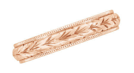 Art Deco Hand Engraved Wheat Wedding Ring in 14 Karat Rose Gold with Millgrain Edge - 4mm Wide - Item: R636R - Image: 3