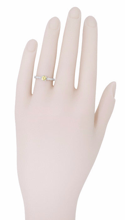Art Deco Scrolls Fancy Yellow Diamond Engagement Ring in 14 Karat White Gold - Item: R639WYD - Image: 6