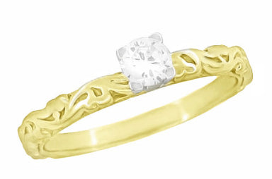 14 Karat Yellow Gold Art Deco Carved Scrolls Solitaire Diamond Engagement Ring