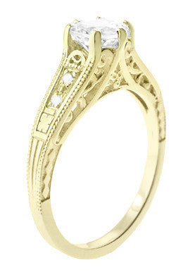 14K Yellow Gold Filigree Art Deco Vintage Style Diamond Engagement Ring - 3/4 Carat - Item: R643Y-LC - Image: 2