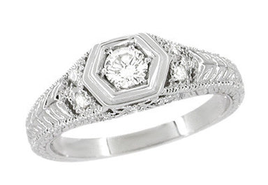 Filigree Engraved Hexagon Art Deco 1/4 Carat Diamond Engagement Ring in 14 Karat White Gold | Low Profile Engagement - alternate view
