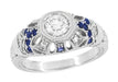 Art Deco Filigree Vintage Inspired Diamond Engagement Ring with Side Sapphires in 14 Karat White Gold