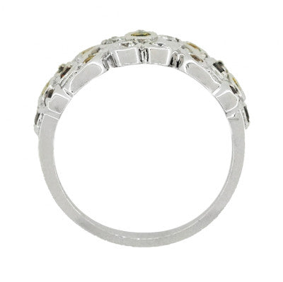 1960's Style Cocoa Brown Diamond, Yellow Diamond, and White Diamond Floral Wedding Band in 14K White Gold - Item: R649WD - Image: 4