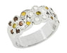 1960's Style Cocoa Brown Diamond, Yellow Diamond, and White Diamond Floral Wedding Band in 14K White Gold