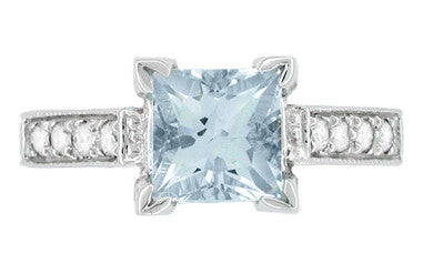 Platinum Art Deco 3/4 Carat Princess Cut Aquamarine and Diamonds Castle Engagement Ring - Item: R660A - Image: 4