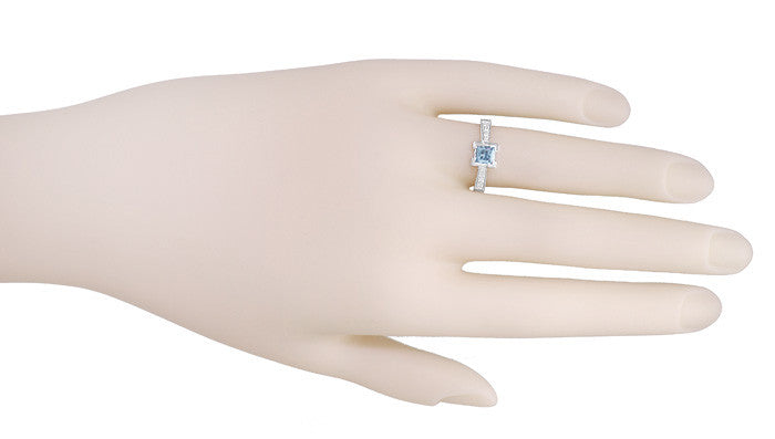 Platinum Art Deco 3/4 Carat Princess Cut Aquamarine and Diamonds Castle Engagement Ring - Item: R660A - Image: 6
