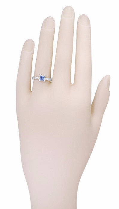 Art Deco 3/4 Carat Princess Cut Tanzanite and Diamond Engagement Ring in Platinum - December Birthstone - Item: R660TA - Image: 3