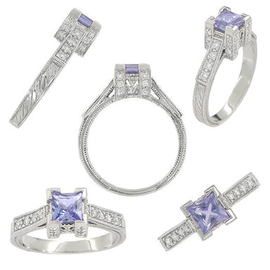 Art Deco 3/4 Carat Princess Cut Tanzanite and Diamond Engagement Ring in Platinum - December Birthstone - alternate view
